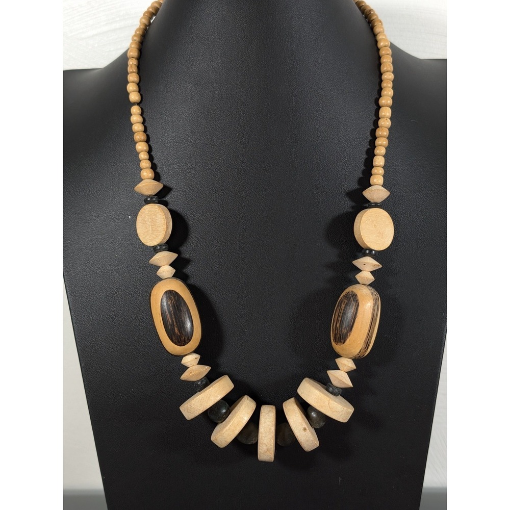 Vintage Tribal Brown Wood Disc Chunky Statement Boho Festival Necklace 24 in